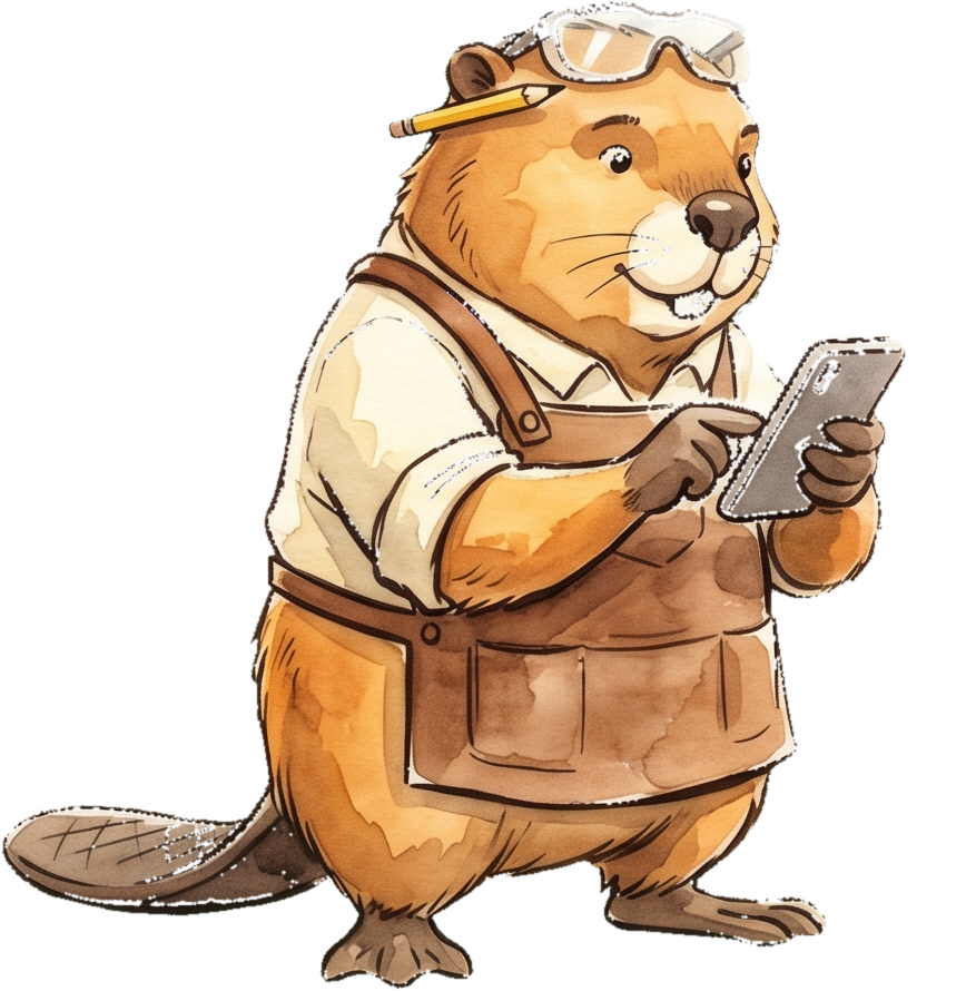 Dead On beaver mascot holding an iPhone