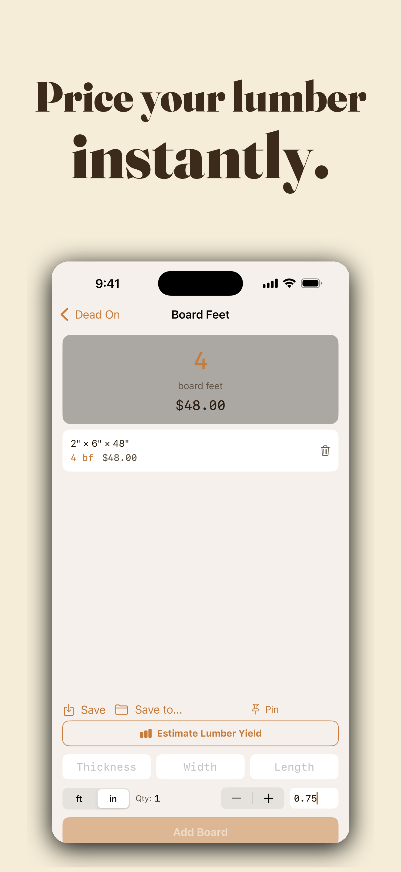 Board feet calculator with multiple boards and running total