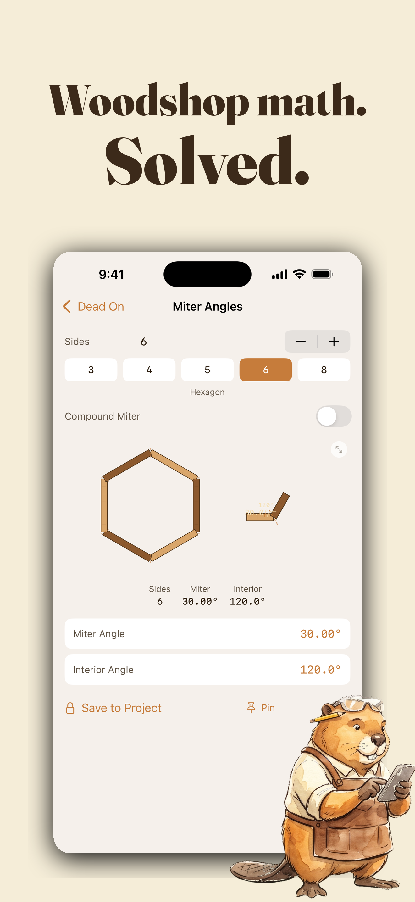 Dead On miter calculator showing a six-sided polygon with 60 degree cut angle
