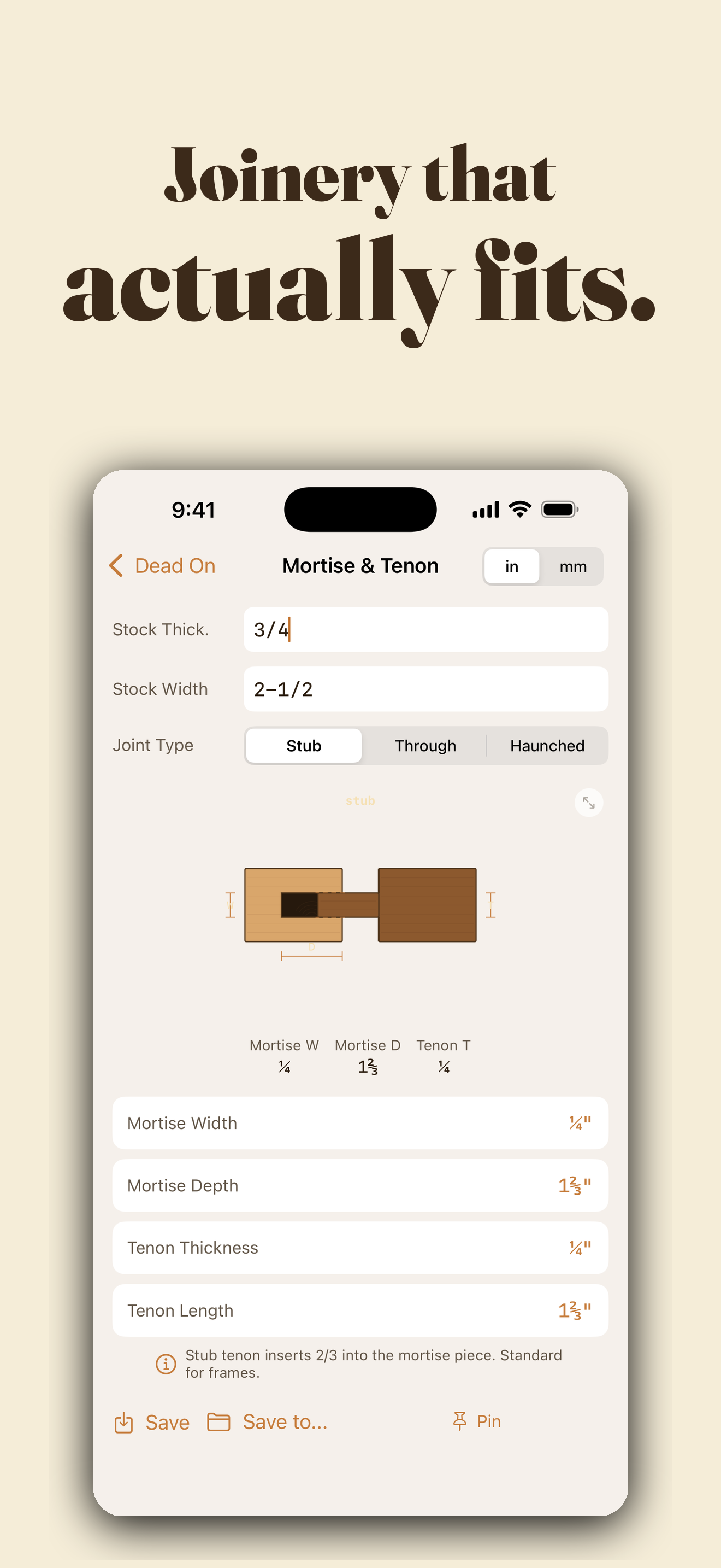 Mortise and tenon calculator with joint diagram