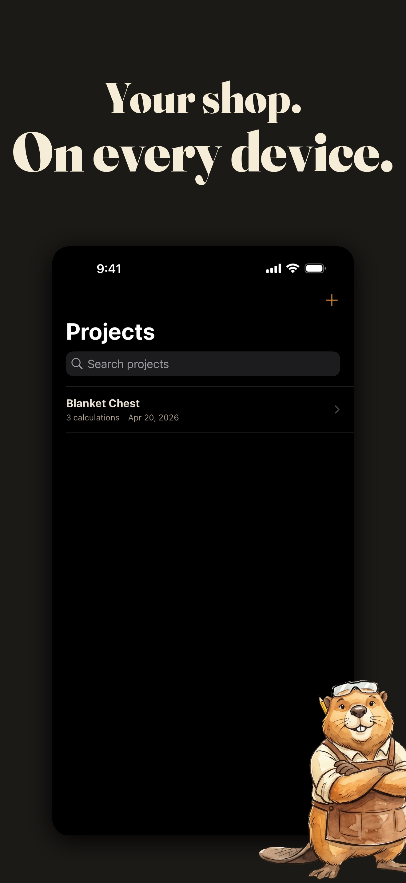 Dead On projects view in dark mode with beaver mascot