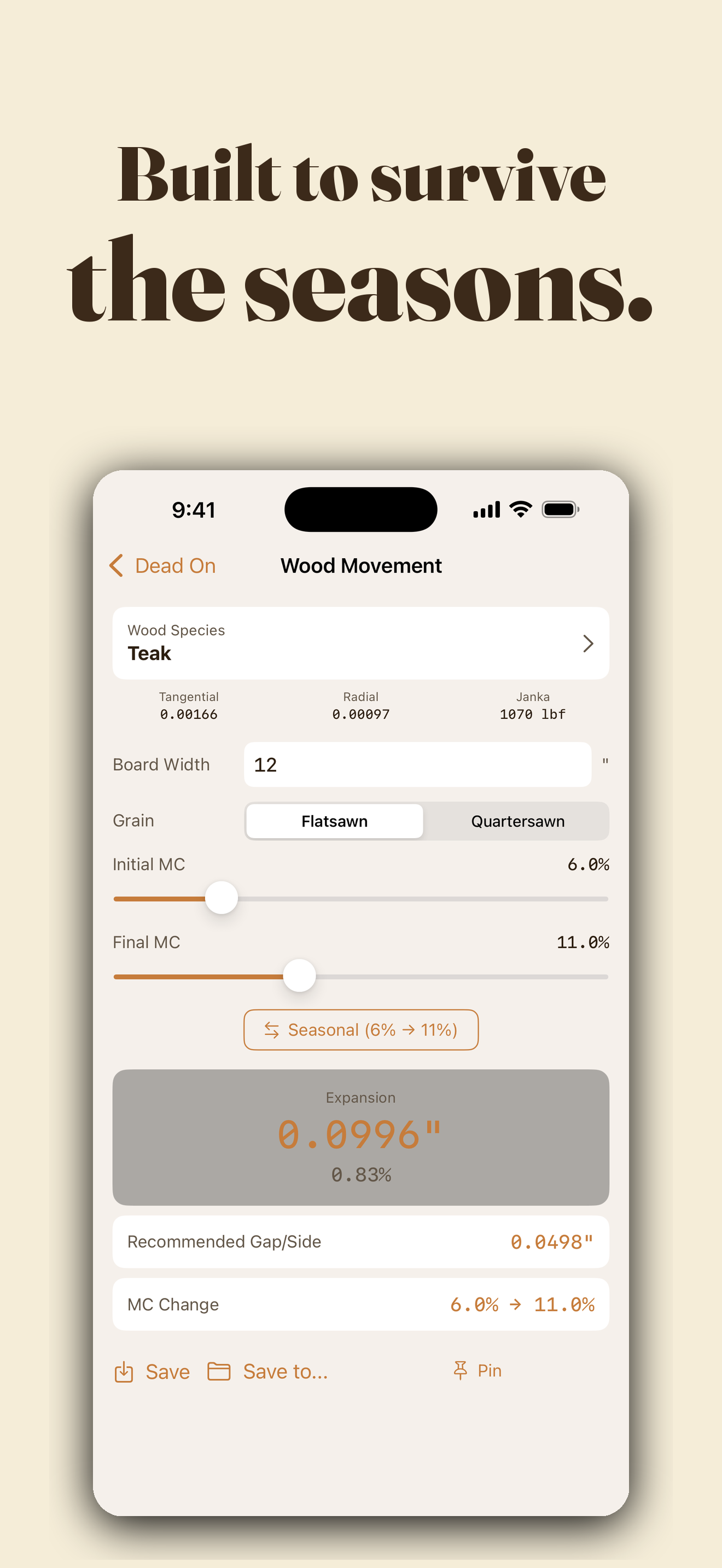 Wood movement calculator showing red oak seasonal expansion